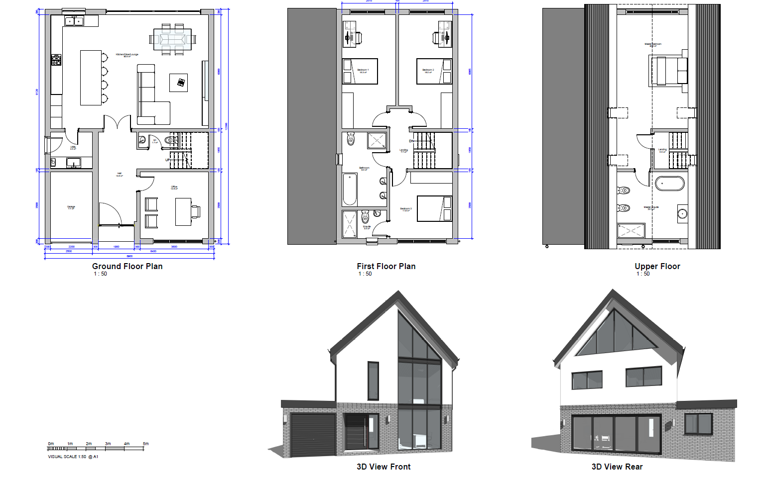 Single-gable design floor plans and 3D views